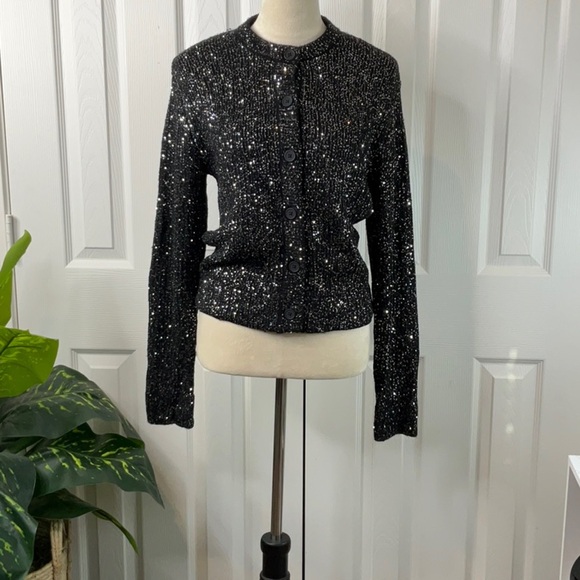 FUTURE COLLECTIVE Sequin Cardigan Womens Black Silver Cocktail Glam Size S - Picture 1 of 11